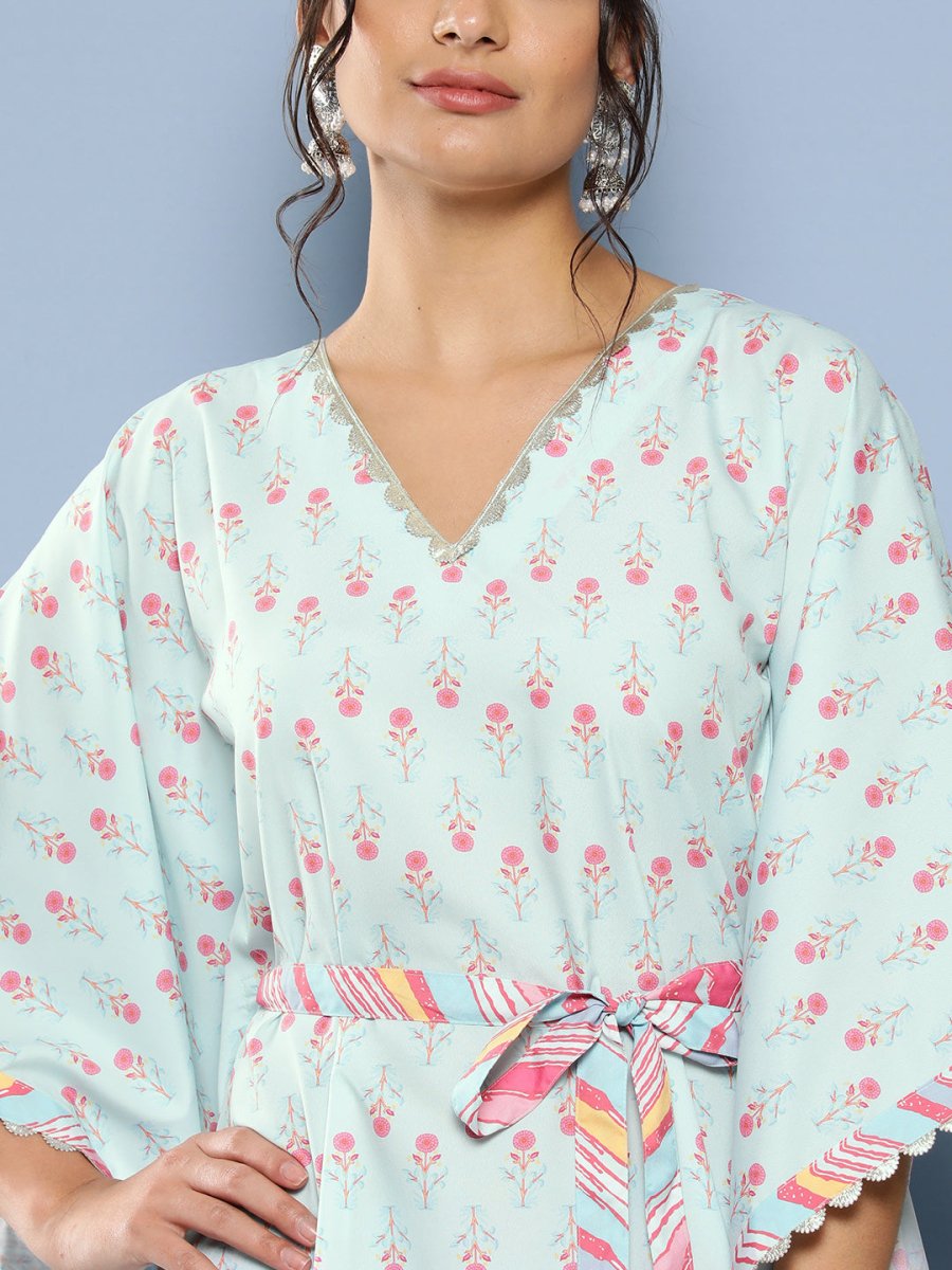 Ahalyaa Women Sea Green Floral Printed Gotta Patti Kurta with Trousers | Swadesiicart
