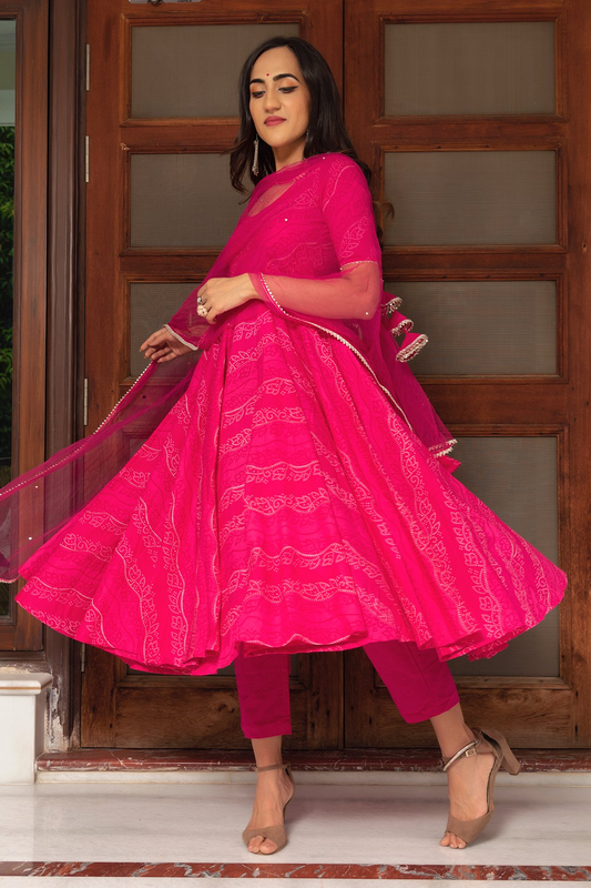Pomcha Jaipur Bhandhej Pink Cotton Anarkali Set | Swadesiicart