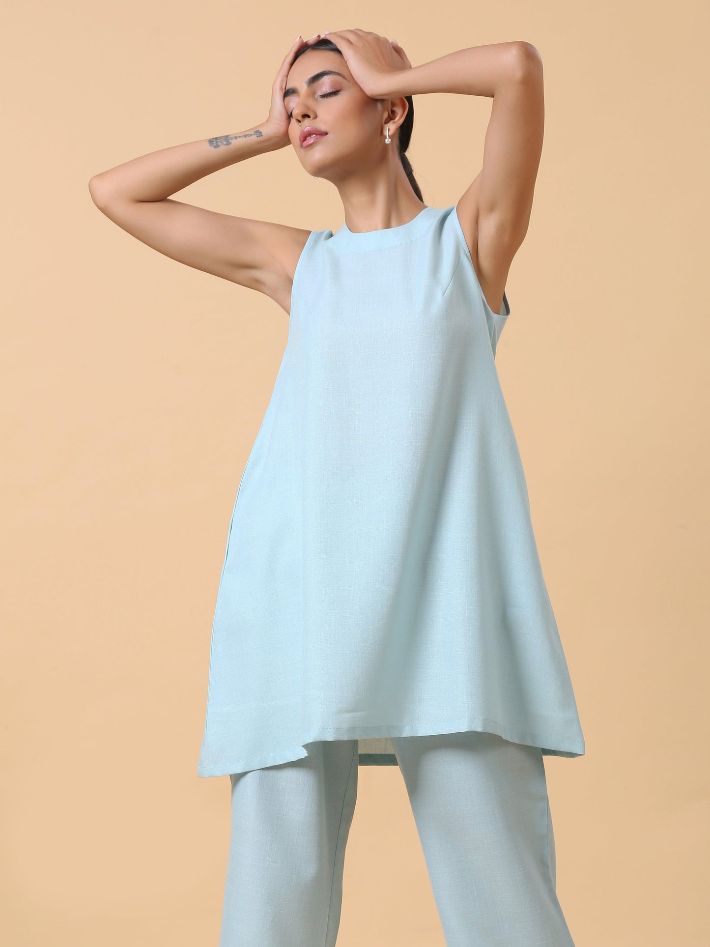 trueBrowns Cotton Linen Light Blue Sleeveless Co-Ord Set | Relove - Swadesiicart