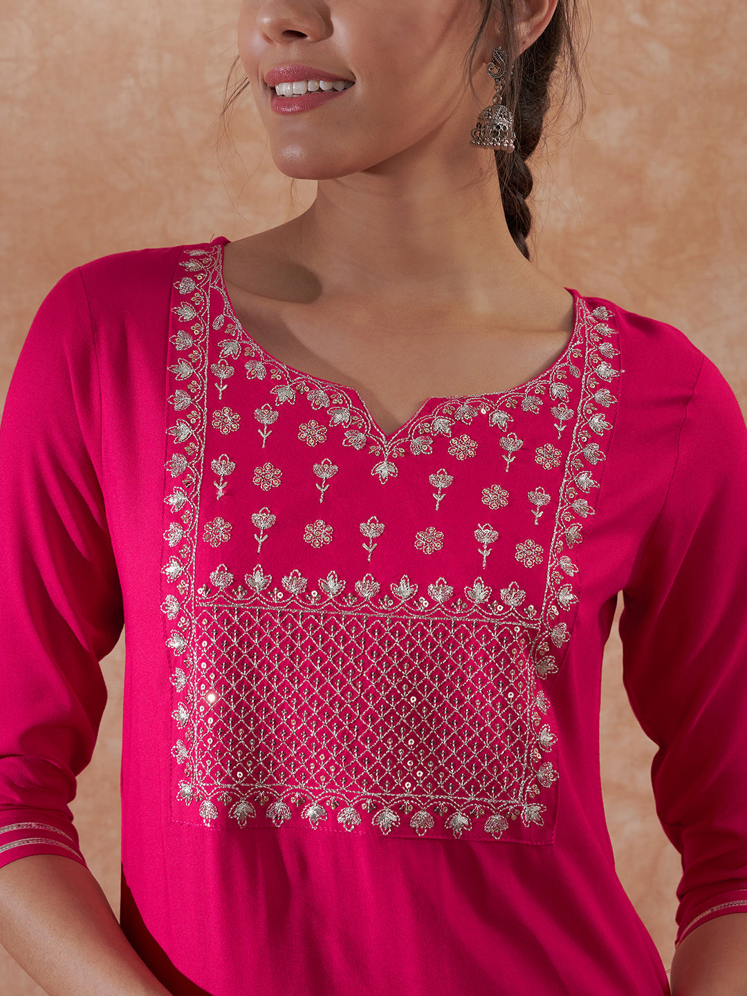 InWeave Women's Magenta Emb Assymetrical Kurta Pant Set - Swadesiicart