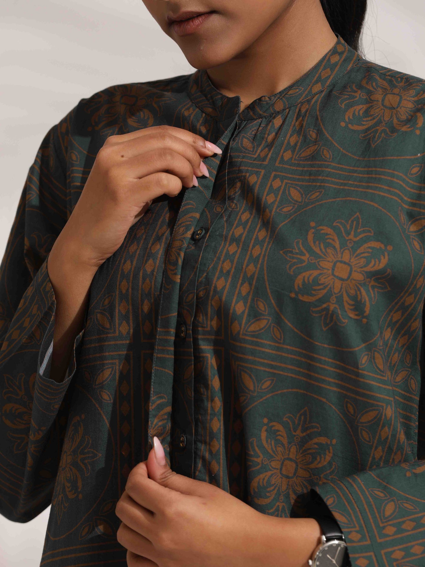 trueBrowns Green Cotton Print Shirt Top & Pants Co-ord Set - Swadesiicart