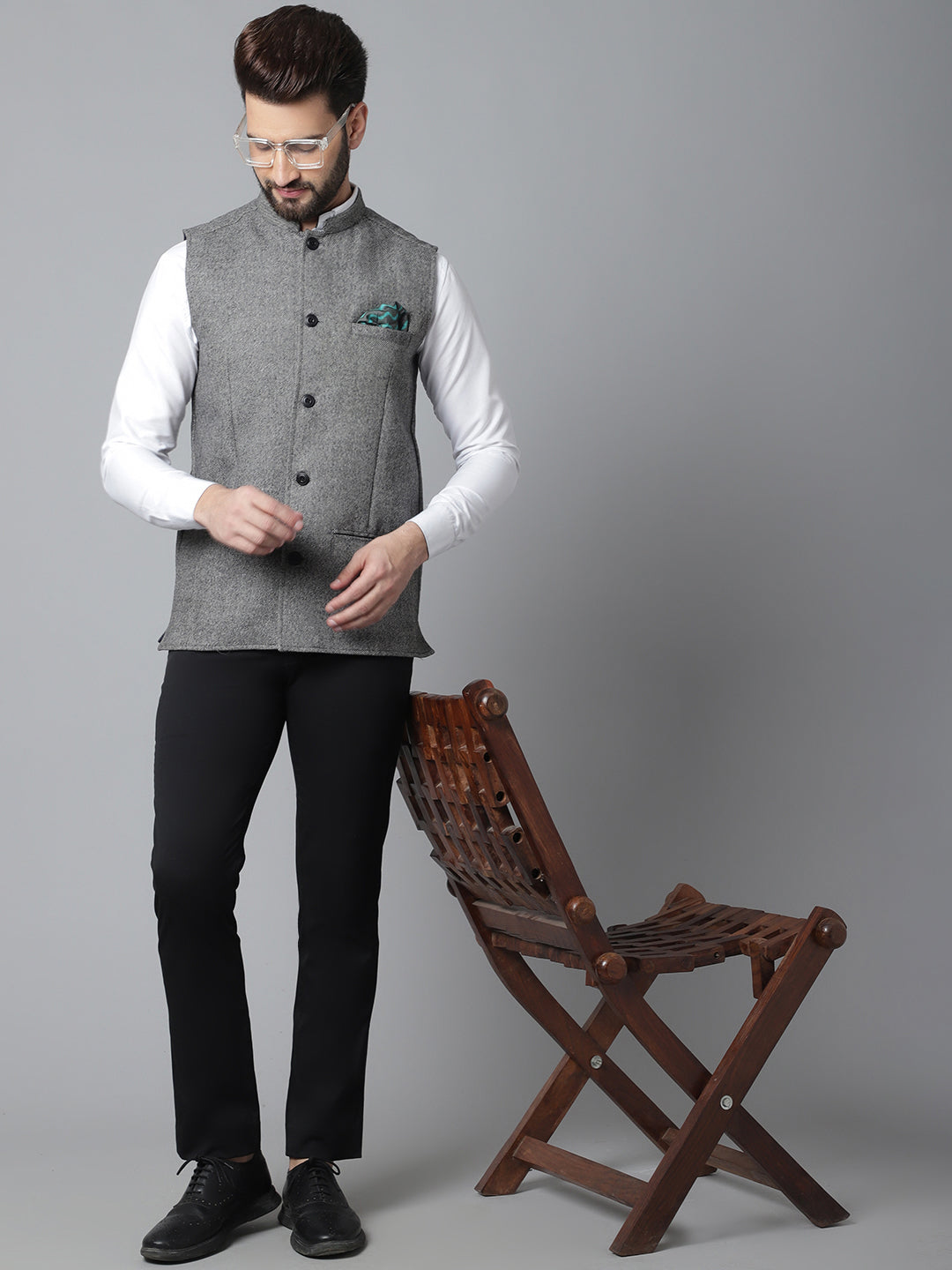 Even Apparels Men's Grey Pure Wool Nehru Jacket | Swadesiicart