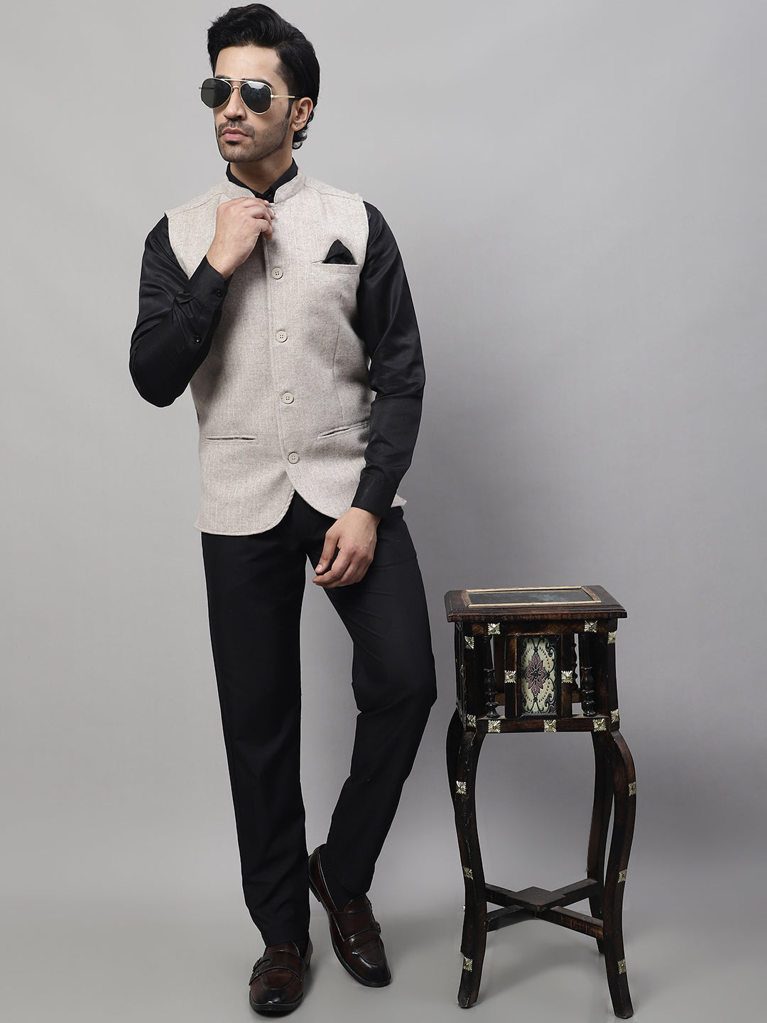 Even Apparels Men's Beige Pure Wool Nehru Jacket | Swadesiicart