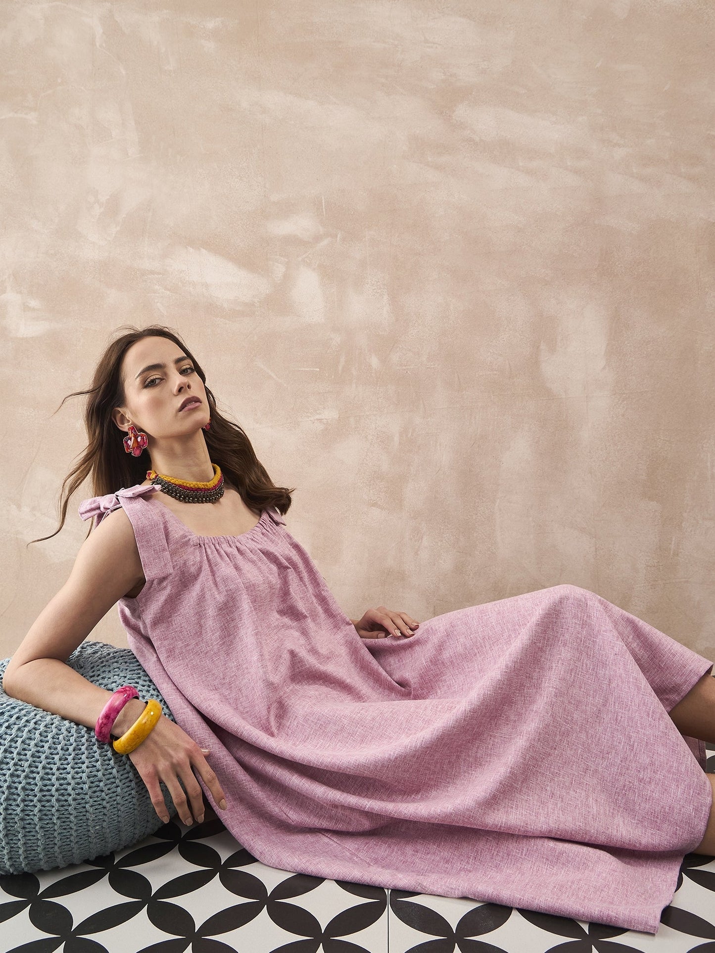 InWeave Dull Pink Linen Round Pleat Bow Dress - Swadesiicart