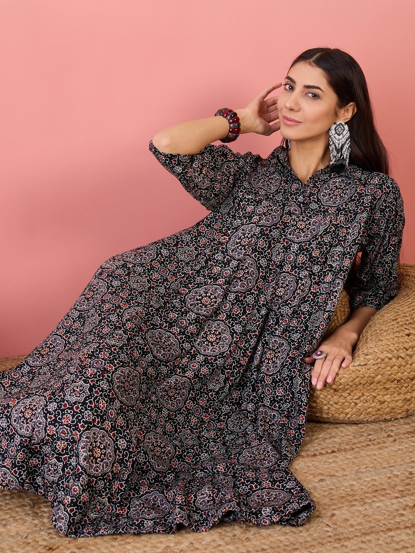 InWeave Black Maroon Ajrakh Foil Collar Flared Dress - Swadesiicart