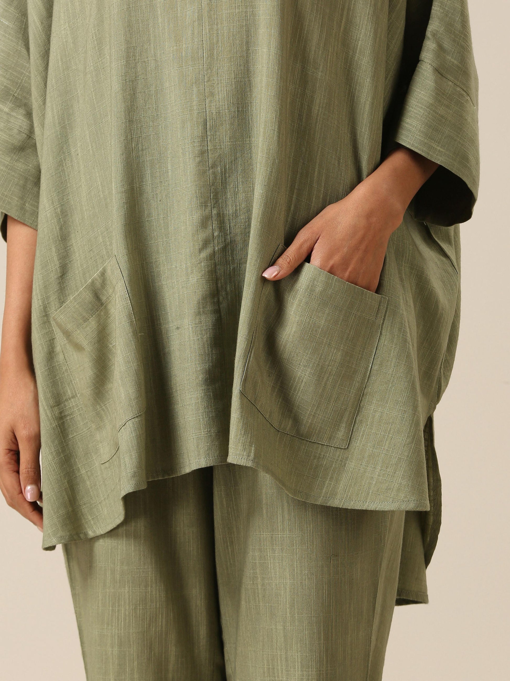 trueBrowns Sage Slub Texture Boxy Fit High Low Co-Ord Set - Swadesiicart