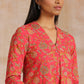trueBrowns Flamingo Pink Overall Floral Block Print Cotton Slit Kurta Pant Set | Swadesiicart