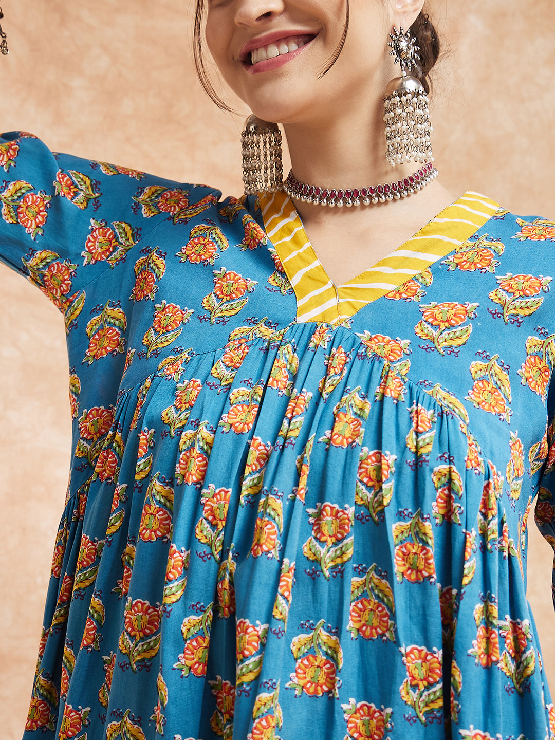 InWeave Women's Blue Orange Floral Yellow White Leh V Neck Kurta Set - Swadesiicart