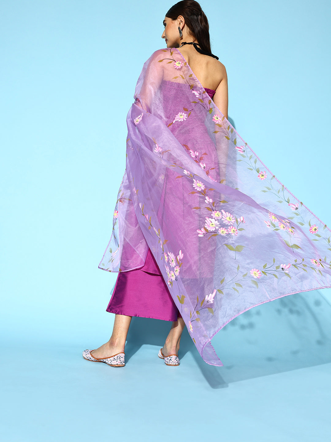 InWeave Purple Off Shoulder Silk Kurta Set -Mauve Hand Painted Dupatta - Swadesiicart