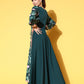 Ahalyaa Green Crepe Puff Sleeves Floral Printed Maxi Ethnic Dress with Waist Tie-Ups | Swadesiicart