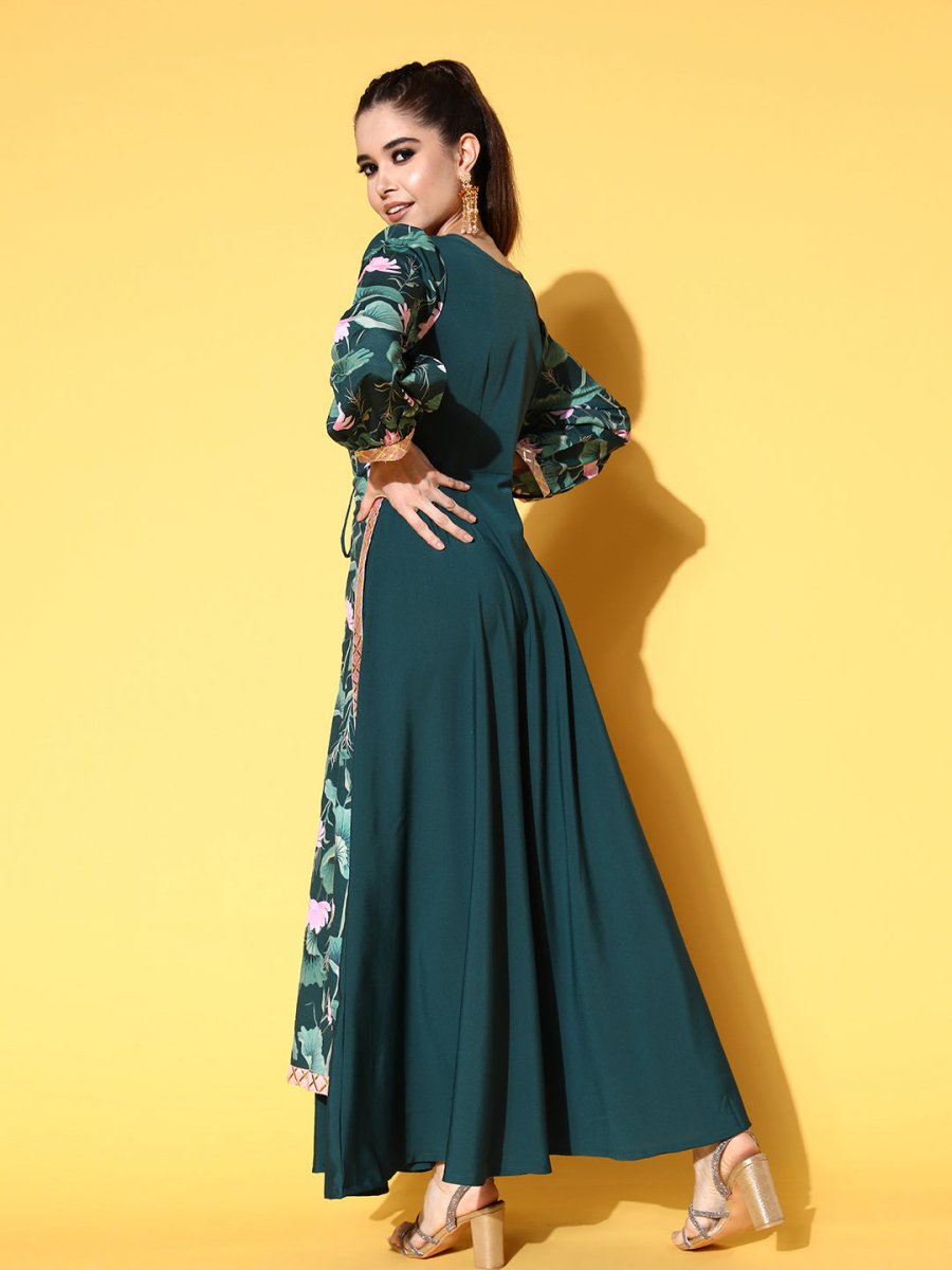 Ahalyaa Green Crepe Puff Sleeves Floral Printed Maxi Ethnic Dress with Waist Tie-Ups | Swadesiicart
