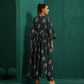 trueBrowns Deep Blue Floral Bunch Muslin Silk Printed V-Neck Waist Gathered Kurta Pant Set | Swadesiicart