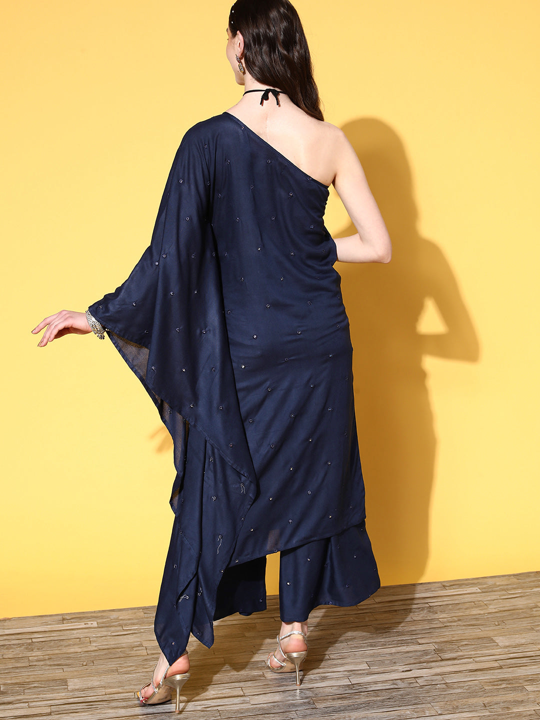 InWeave Women's Navy Mirror Work One Shoulder Kurta Set - Swadesiicart