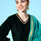 InWeave Women's Green Velvet Kurta Set With Teal Gold Check Dupatta - Swadesiicart