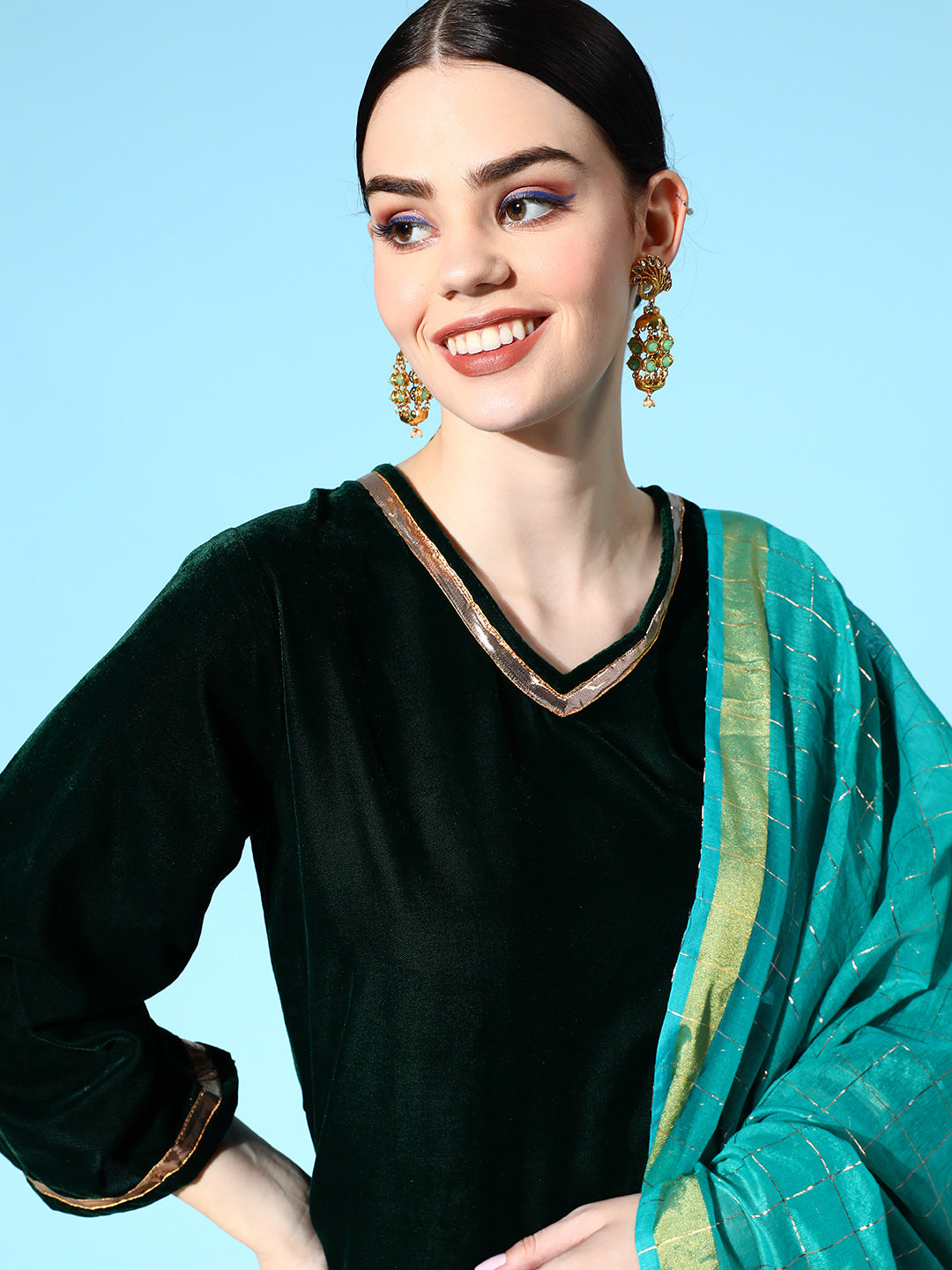 InWeave Women's Green Velvet Kurta Set With Teal Gold Check Dupatta - Swadesiicart