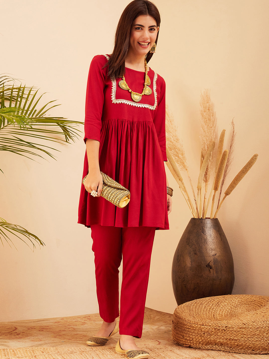 InWeave Women's Maroon Round Neck Square Gota Work Kurta Pant Set - Swadesiicart