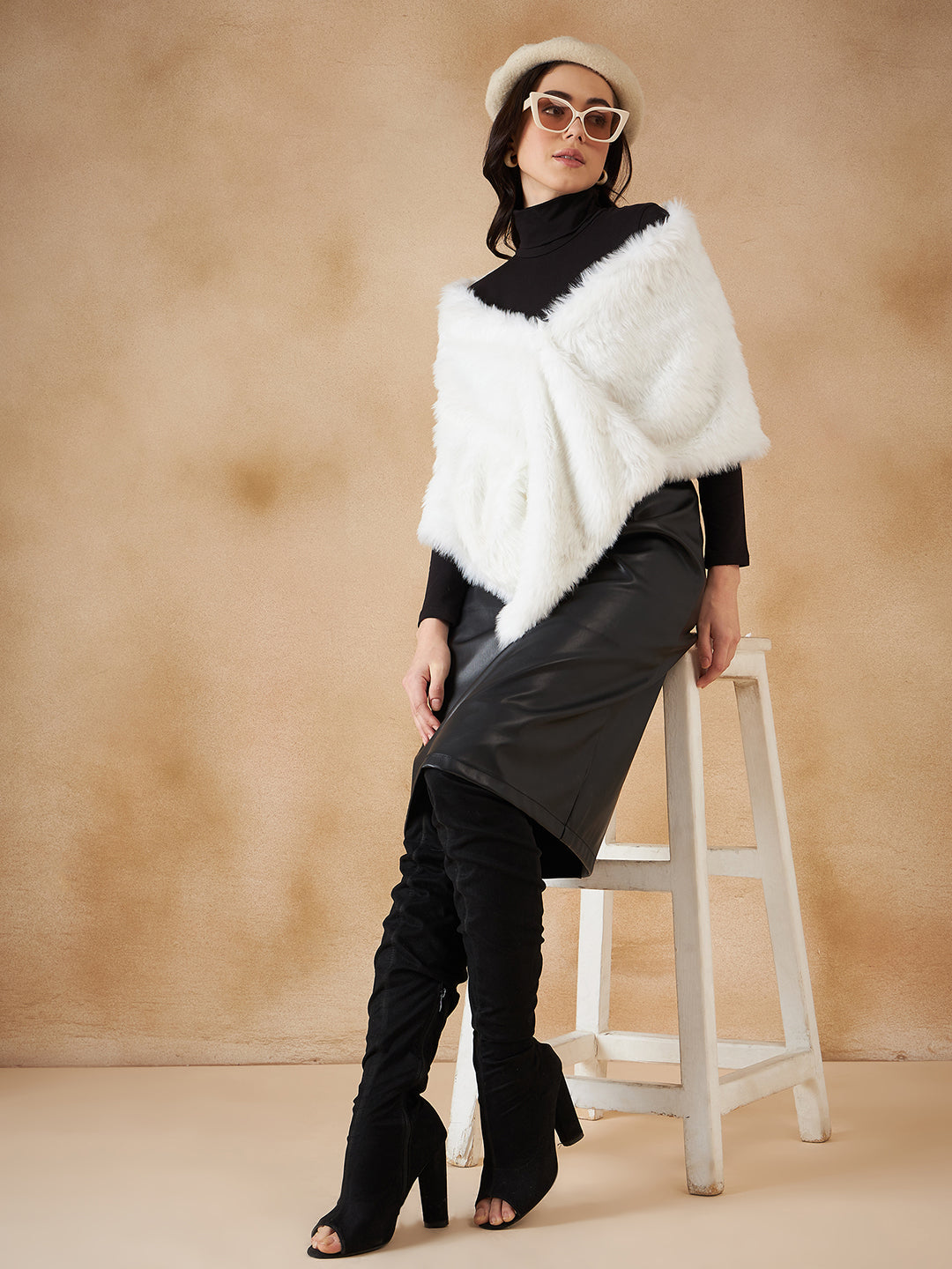 InWeave Women's Pure White Faux Fur Cape - Swadesiicart