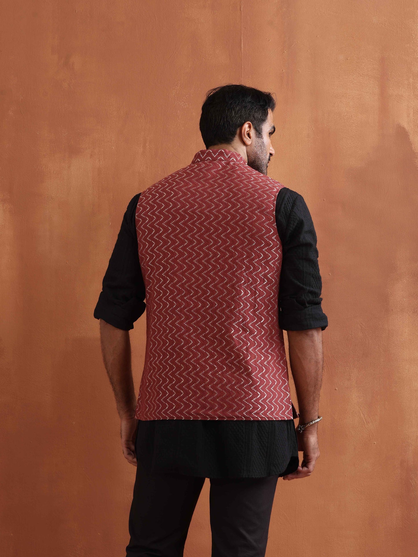 trueBrowns Men's Rust Cotton Dobby Nehru Jacket | Swadesiicart