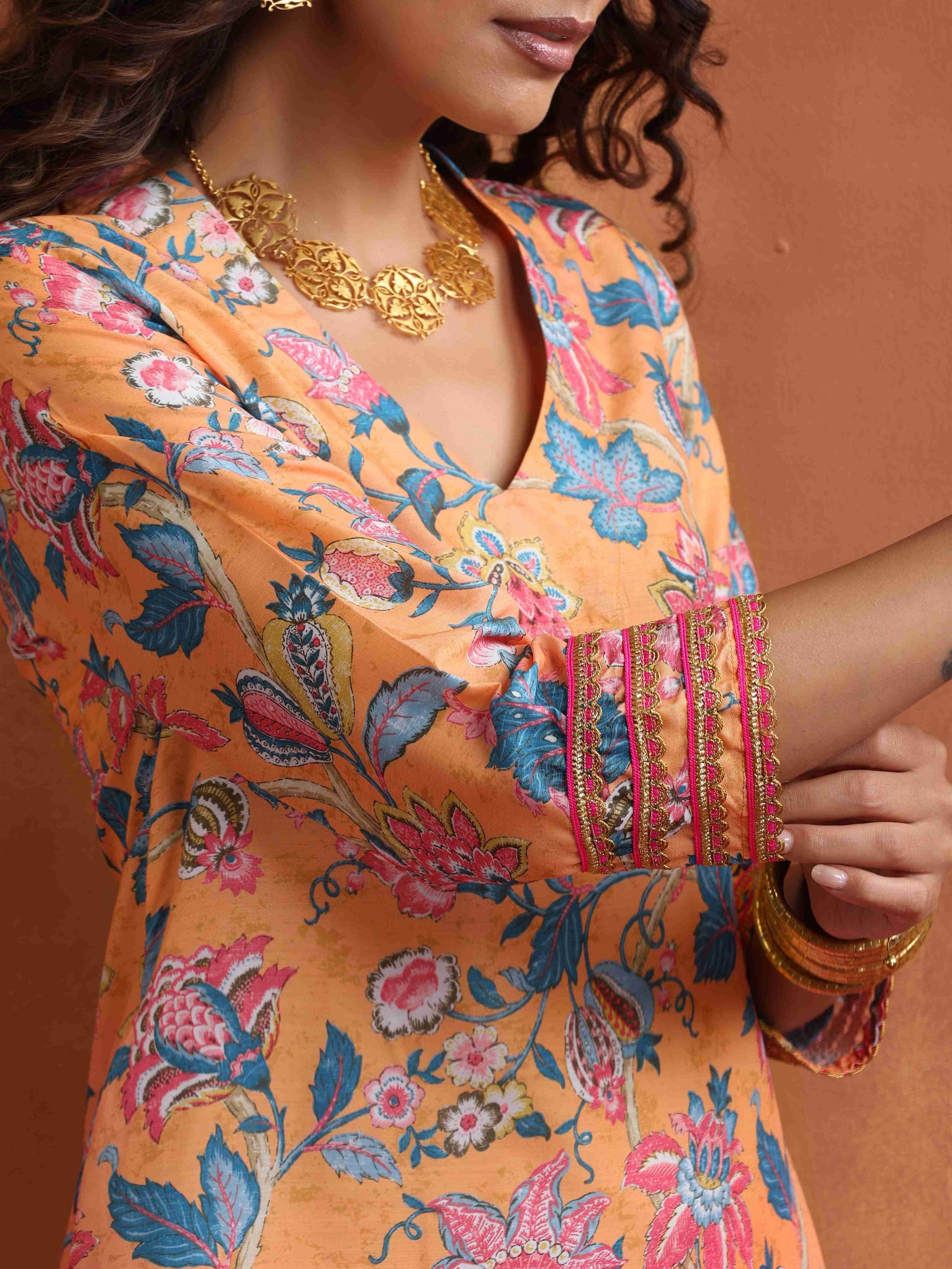 trueBrowns Orange Print Kurta Co-ord Set - Swadesiicart