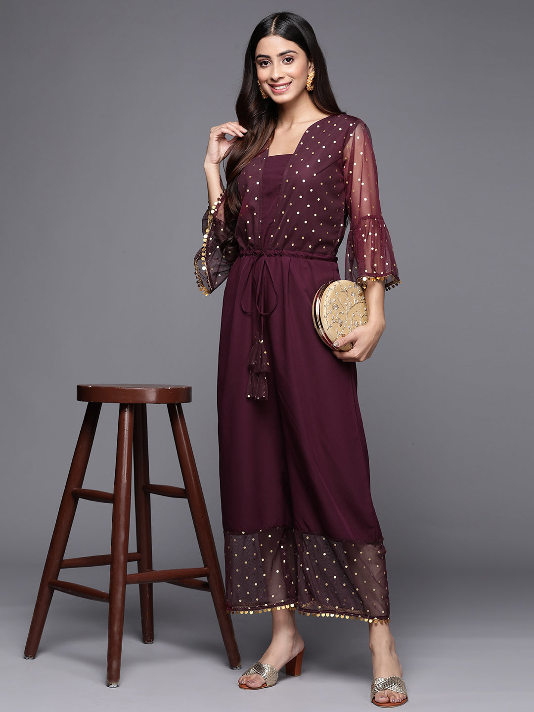 Ahalyaa Printed Bell Sleeves Crepe Basic Jumpsuit With Waist Tie-Ups | Swadesiicart