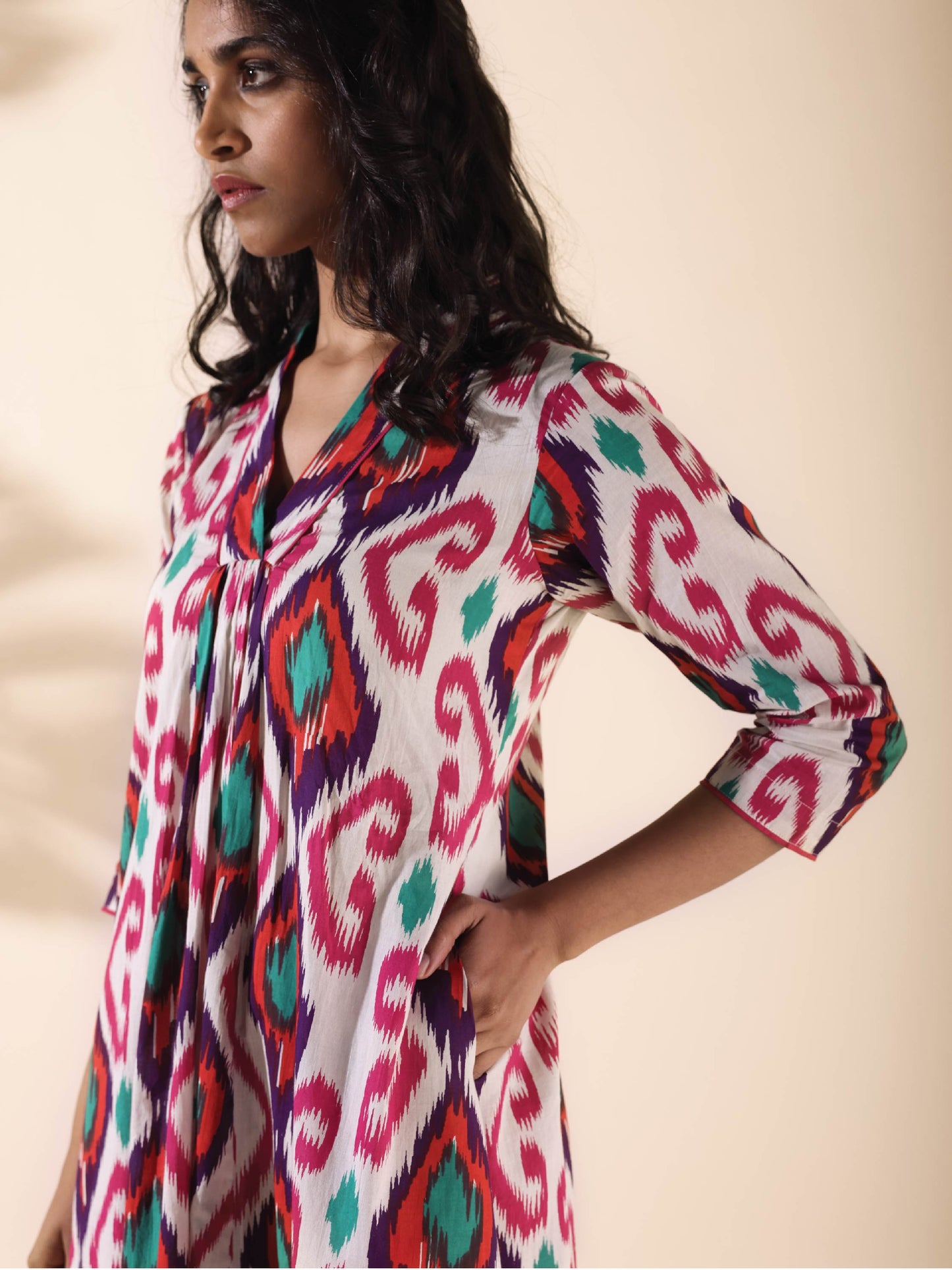 trueBrowns Pink Cotton Ikat Flared Kurta Pant Set | Swadesiicart