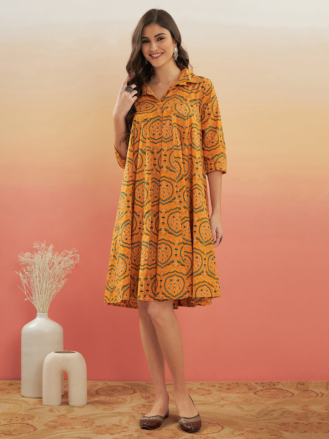 InWeave Women's Haldi Yellow Mughal Kalamkari Flared Dress - Swadesiicart