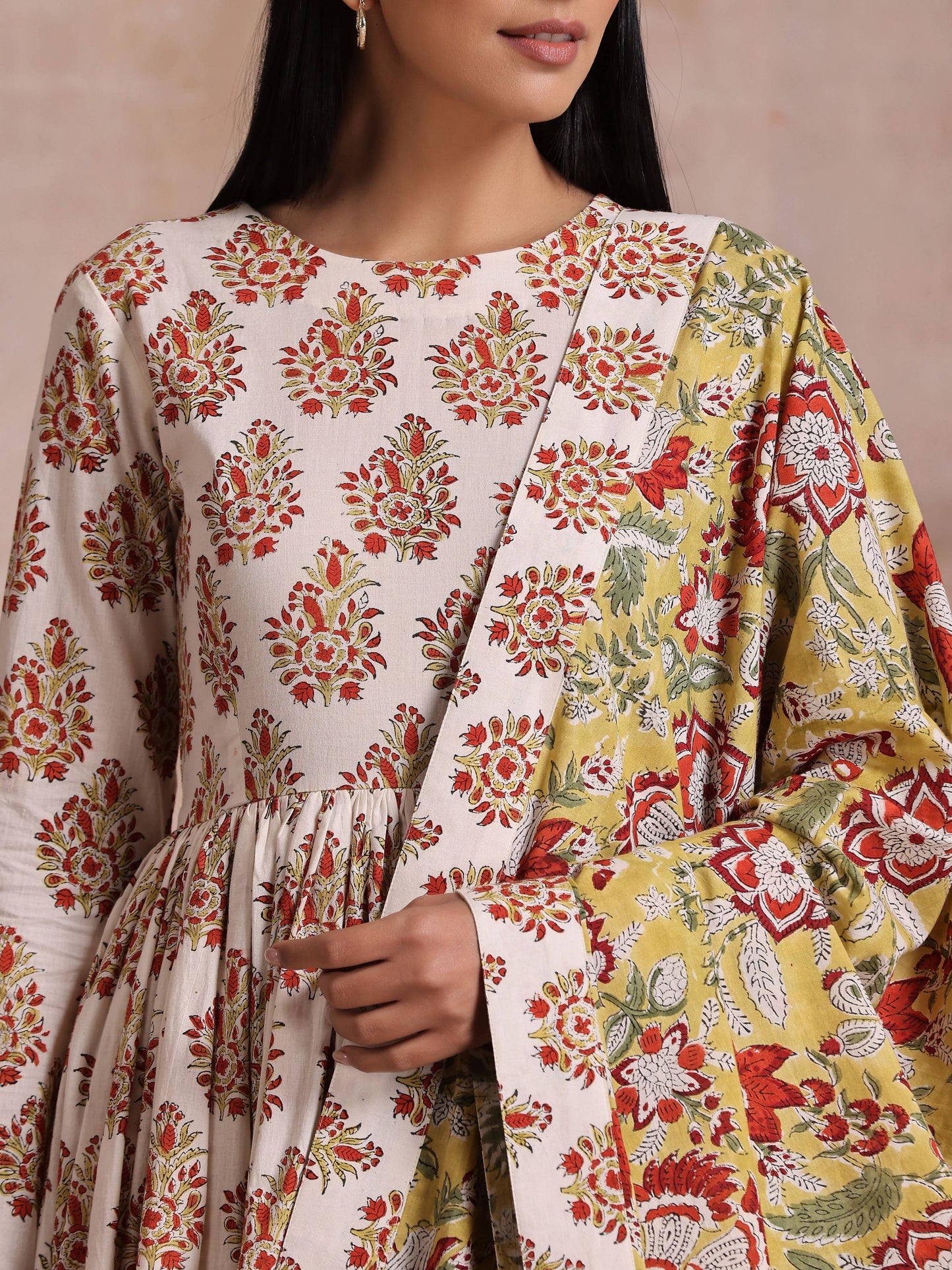 trueBrowns White With Red Yellow Buta Block Print Cotton Kurta Pant Dupatta Set | Swadesiicart