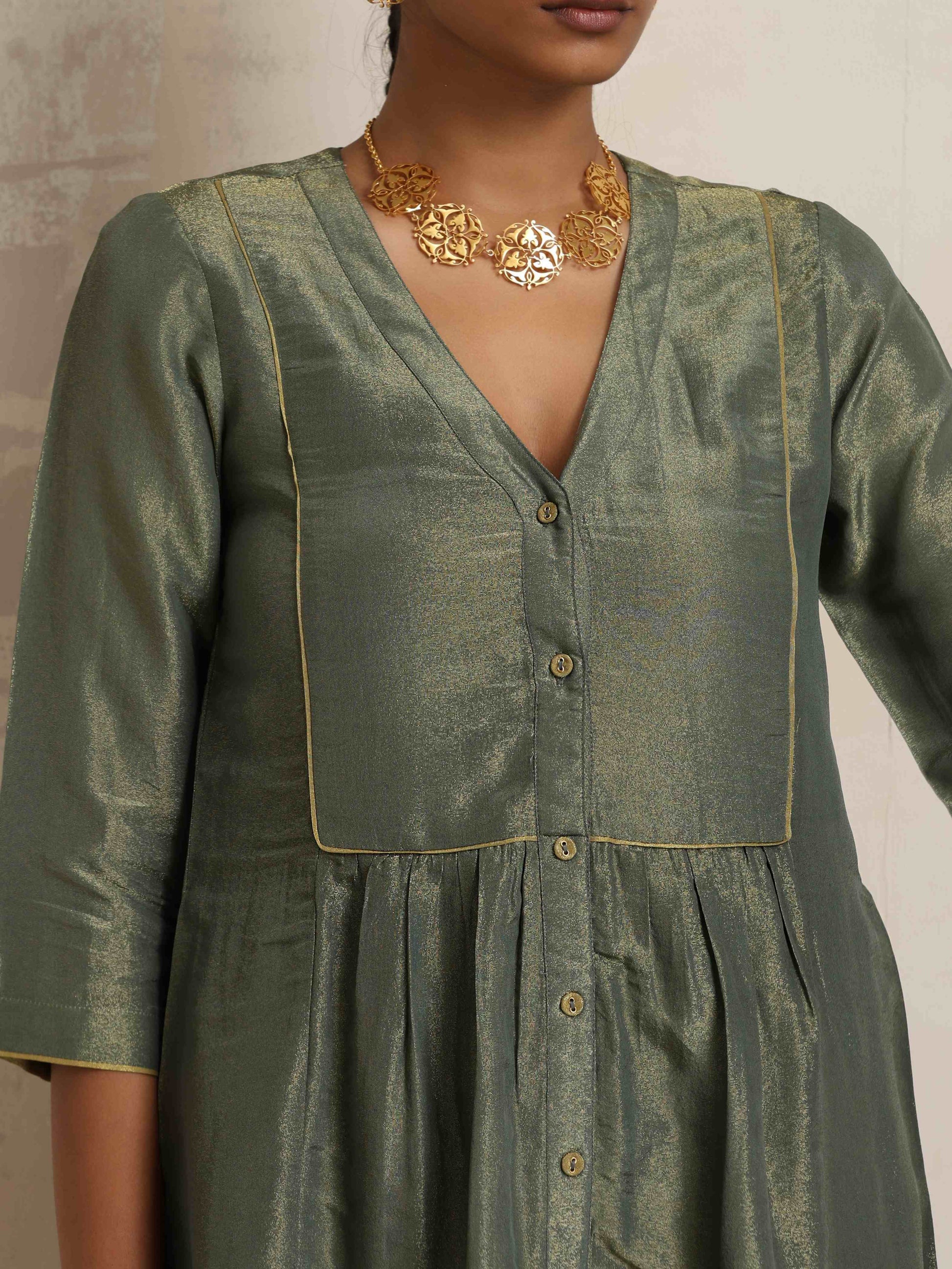 trueBrowns Green Tissue A-line Kurta Set | Swadesiicart