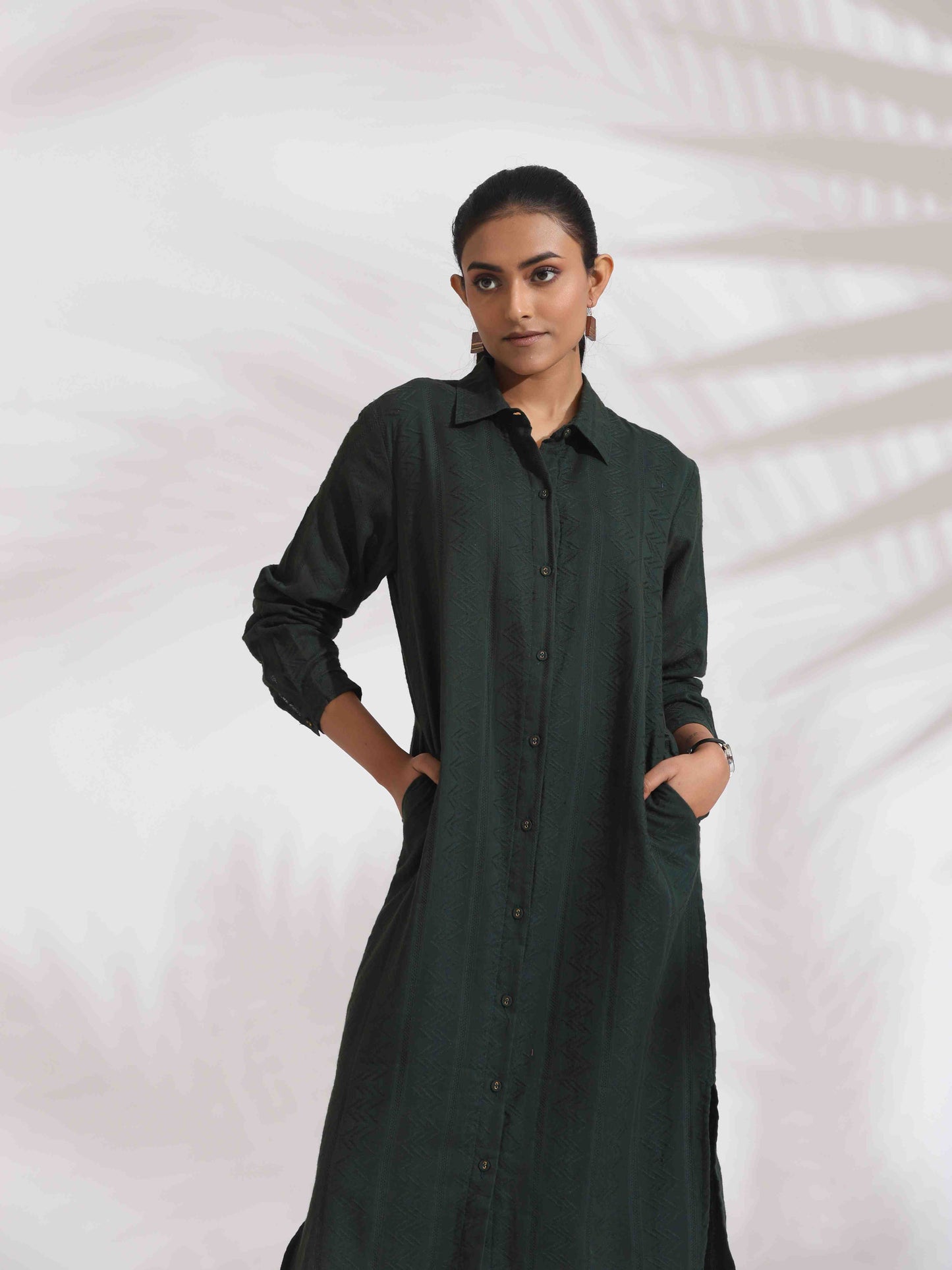 trueBrowns Green Cotton Shirt Dress | Swadesiicart