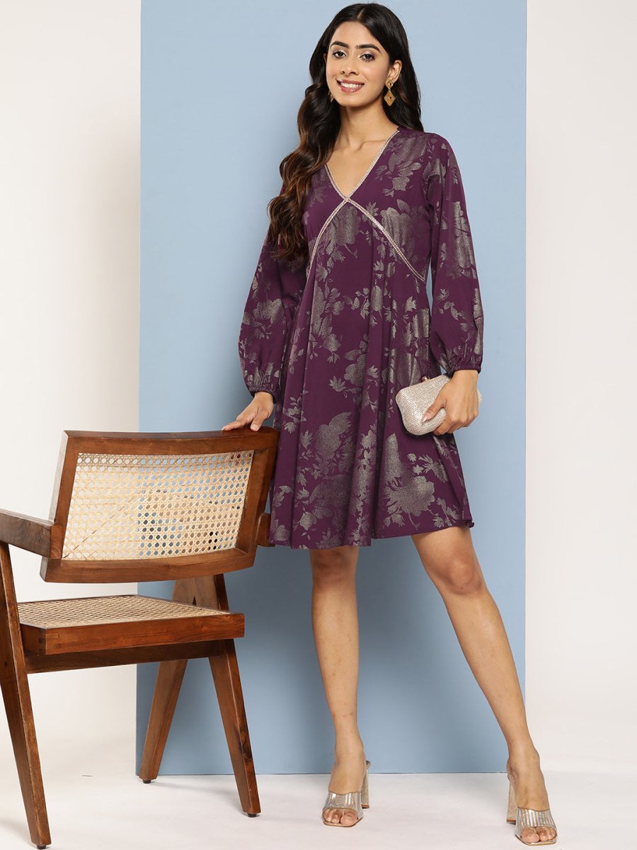 Ahalyaa Floral Print Puff Sleeves Empire Crepe Ethnic Dress | Swadesiicart