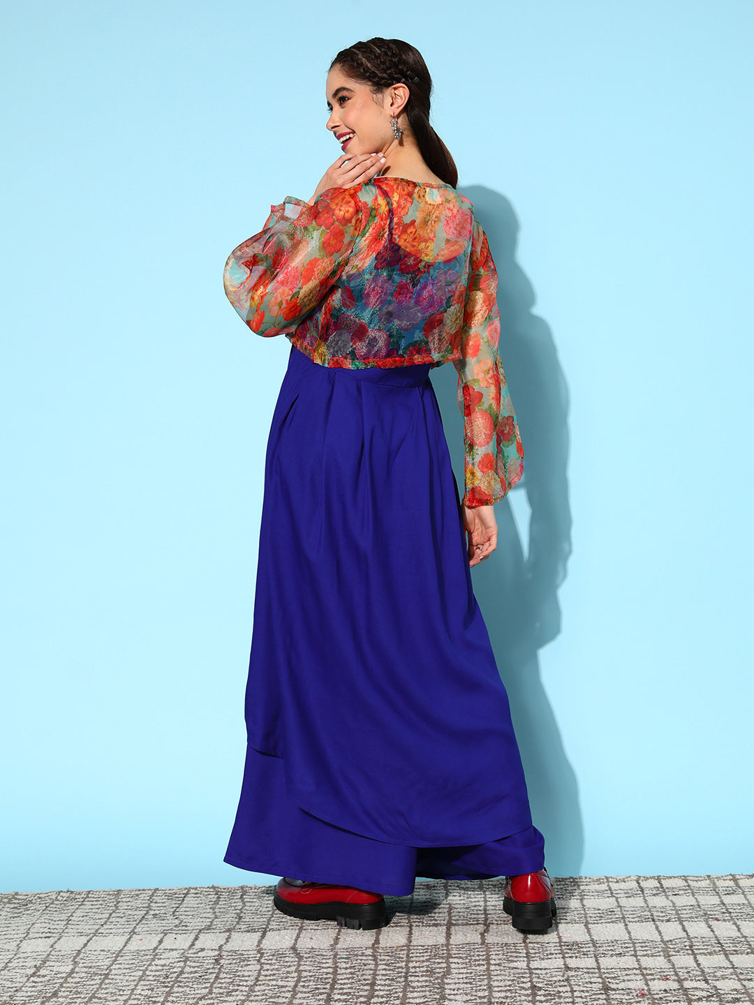 InWeave Women's Strappy Set Ink Blue With Green Floral Short Or Cape - Swadesiicart