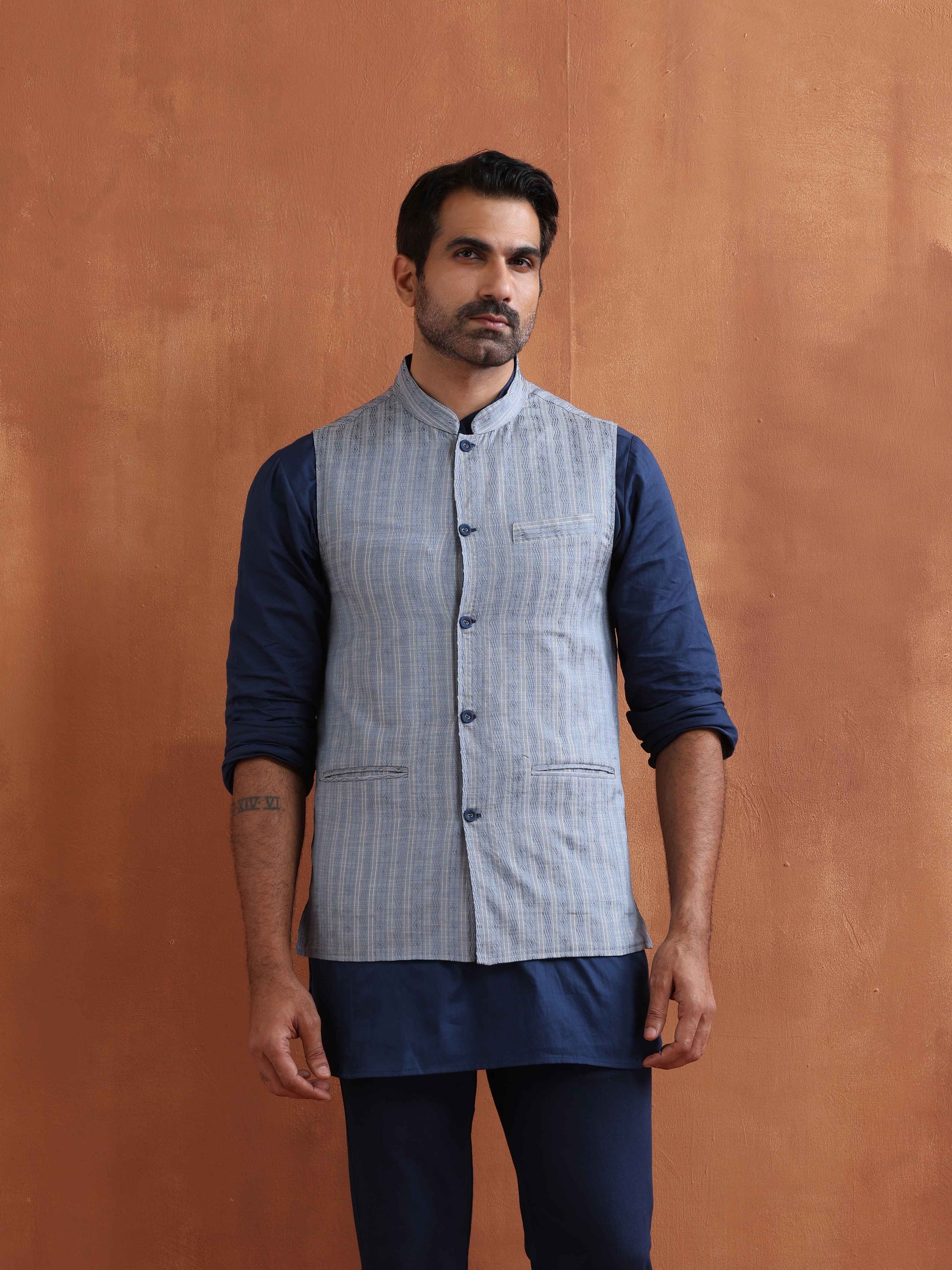 trueBrowns Men's Blue Chanderi Reversible Nehru Jacket | Swadesiicart
