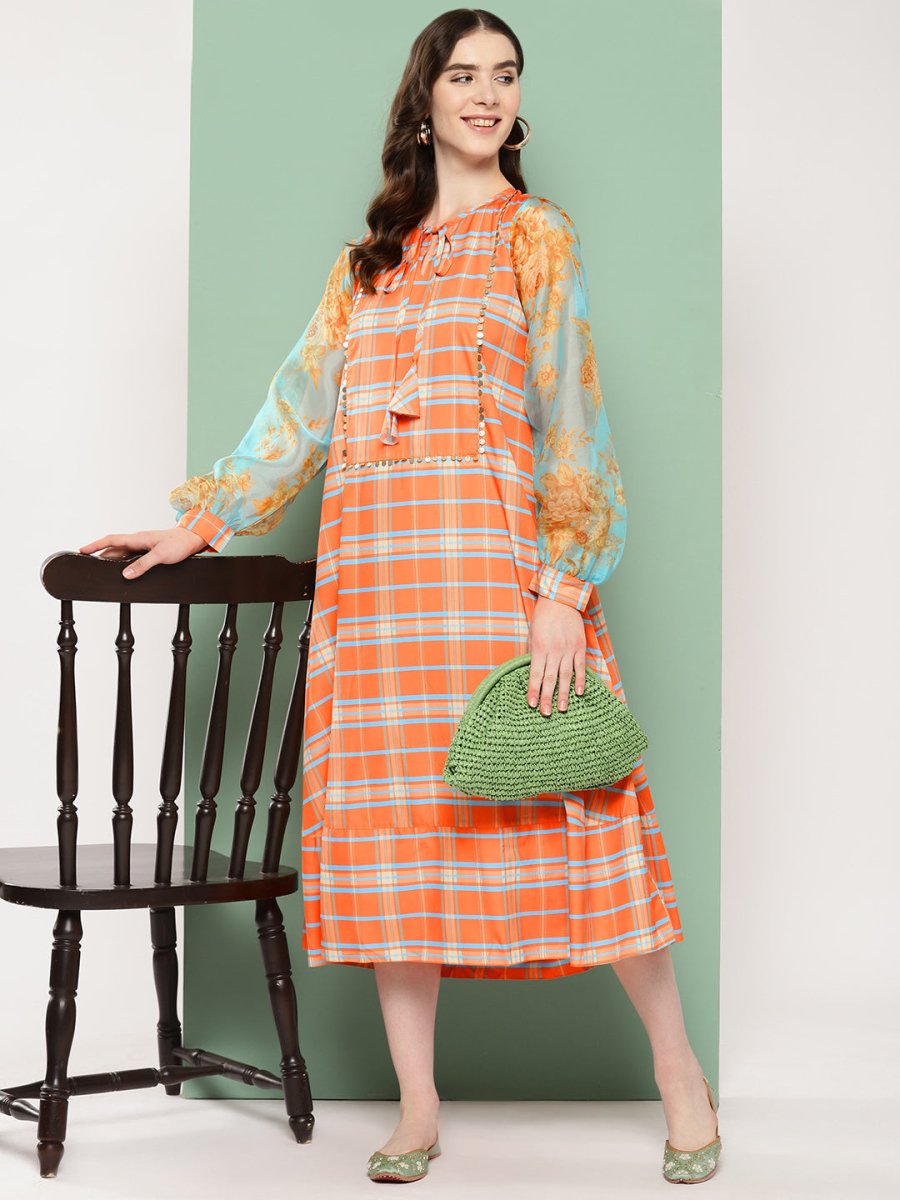 Ahalyaa Checked Tie-Up Neck Sequined Ethnic A-Line Midi Dress | Swadesiicart