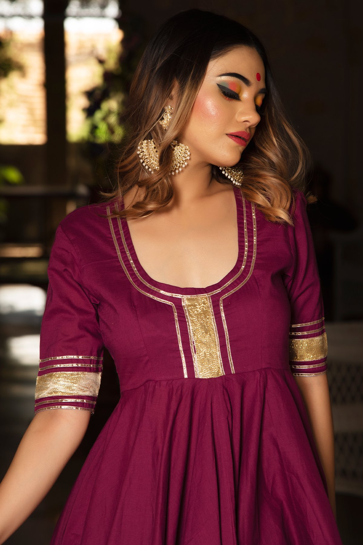 Pomcha Jaipur Burgundy Pure Cotton Anarkali Set | Swadesiicart