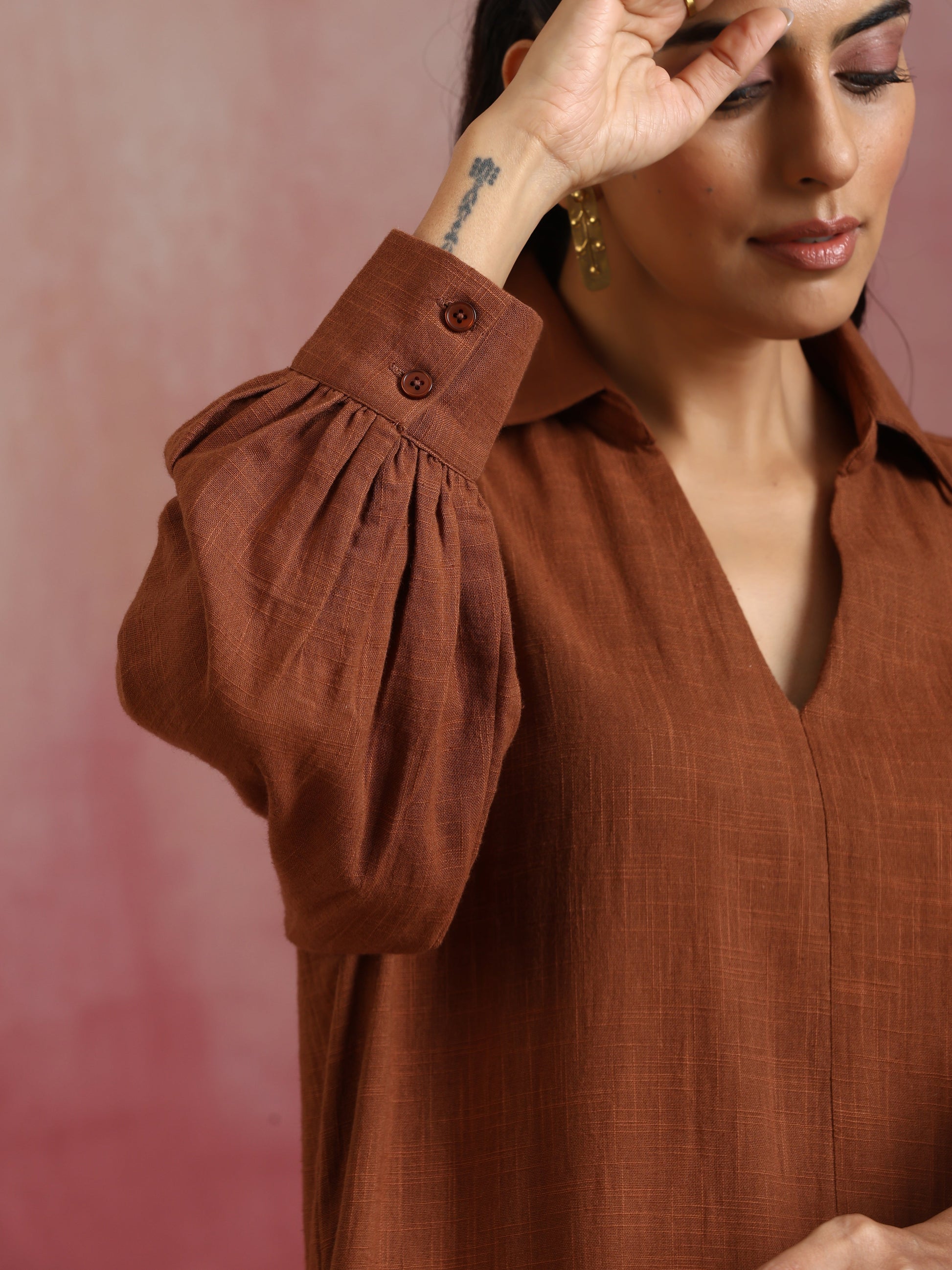trueBrowns Brown Cotton Dobby Dress | Swadesiicart