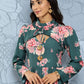 Ahalyaa Floral Print Puff Sleeves Tie-Up Neck Crepe Ethnic Gown With Cut-Out Detail | Swadesiicart
