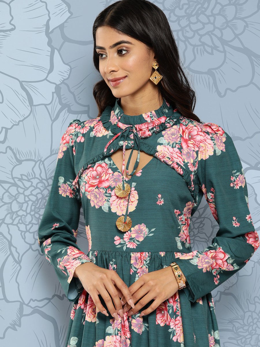 Ahalyaa Floral Print Puff Sleeves Tie-Up Neck Crepe Ethnic Gown With Cut-Out Detail | Swadesiicart