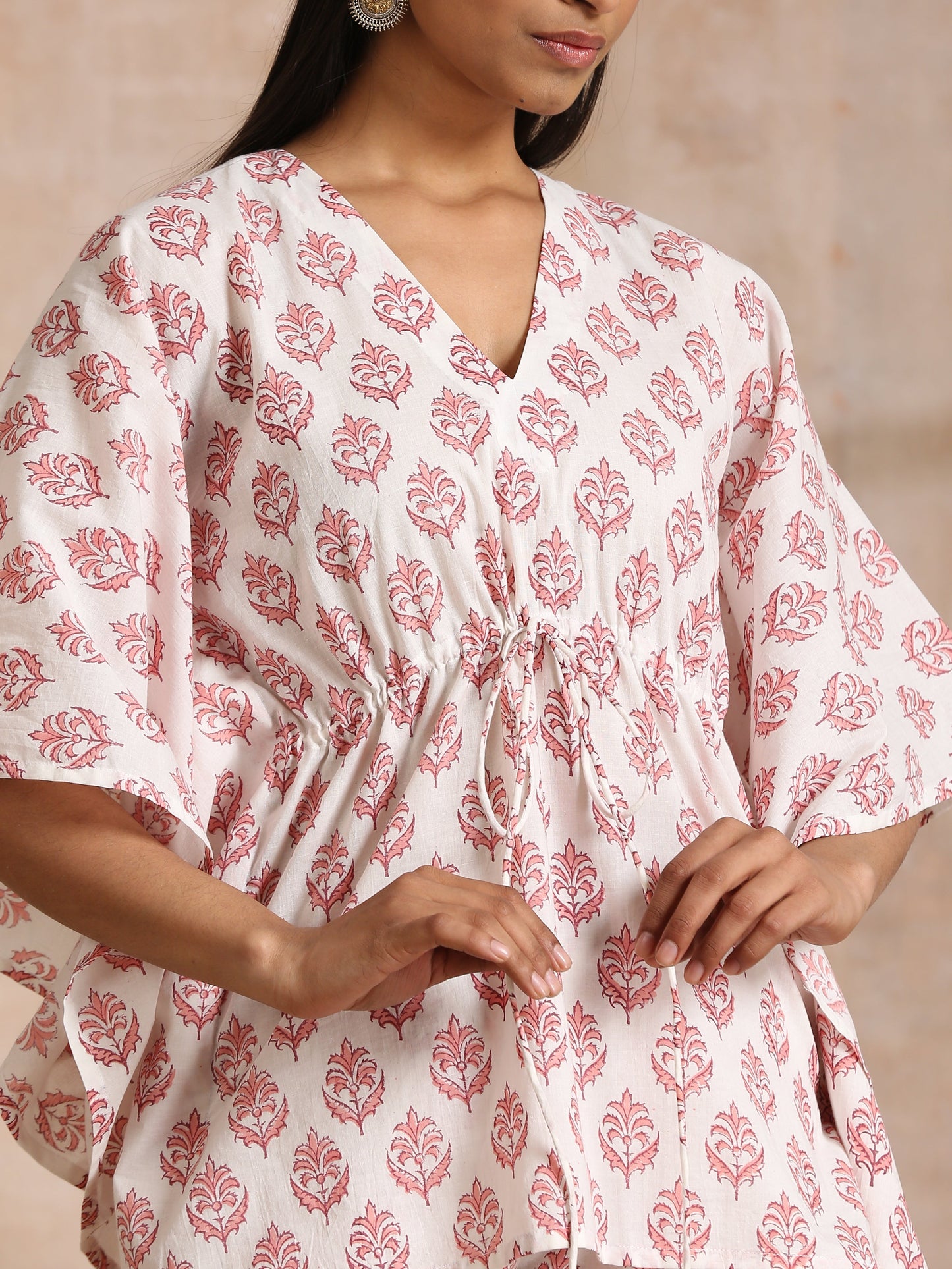trueBrowns Pink Buta On White Block Print Cotton Kaftan Co-Ord Set - Swadesiicart