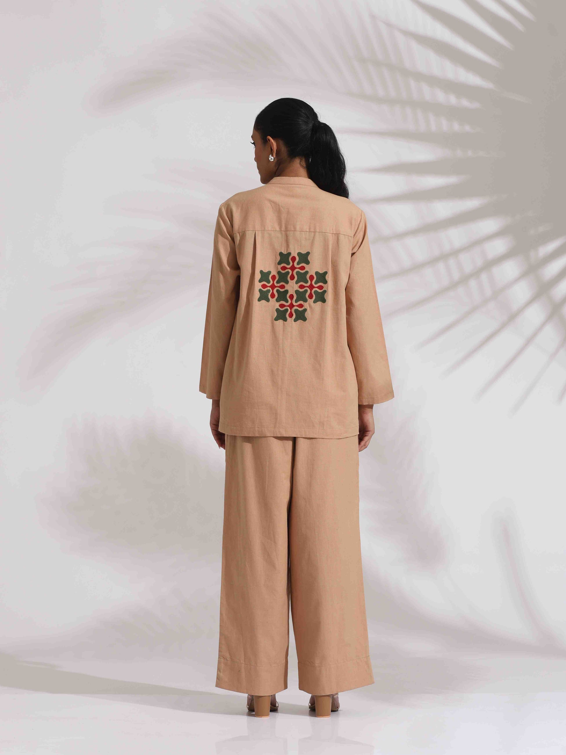 trueBrowns Beige Cotton Embroidered Shirt Top Co-ord Set - Swadesiicart