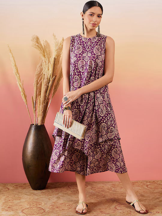 InWeave Dusty Mauve Paisley Round Neck Kurta Short Palazzo Set - Swadesiicart