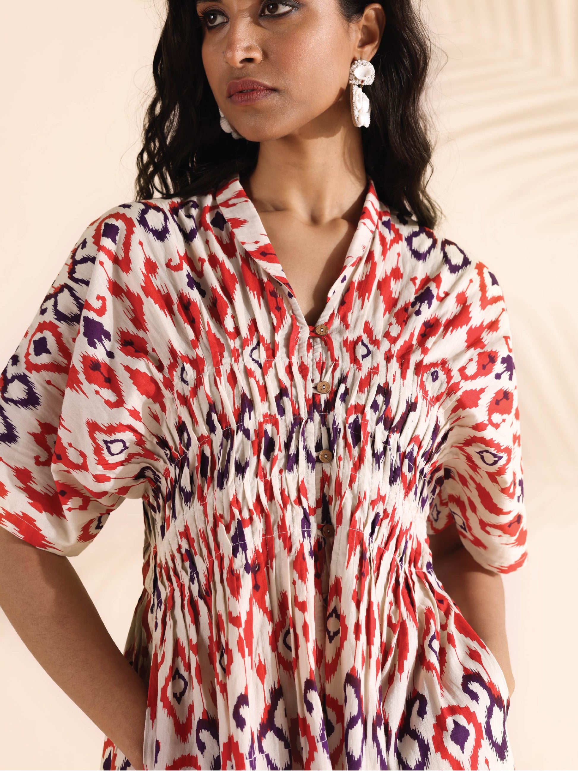 trueBrowns Carrot Cotton Ikat Dress | Swadesiicart