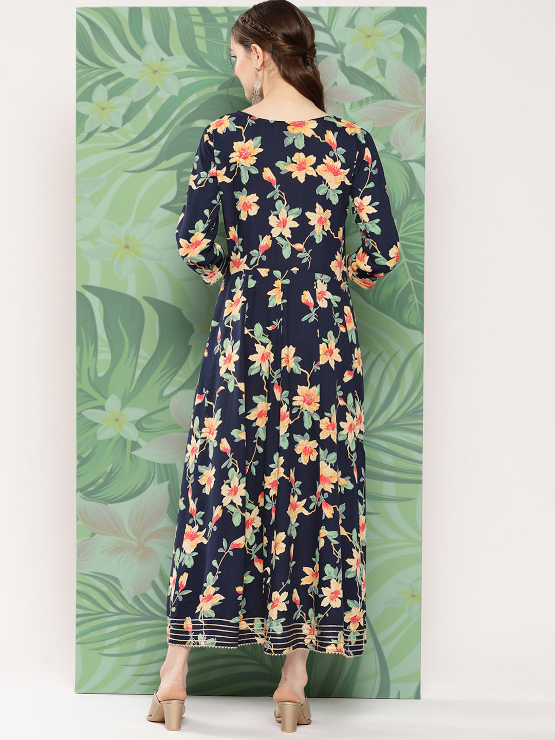 InWeave Women's Black Tropical Print Gota Long Dress - Swadesiicart
