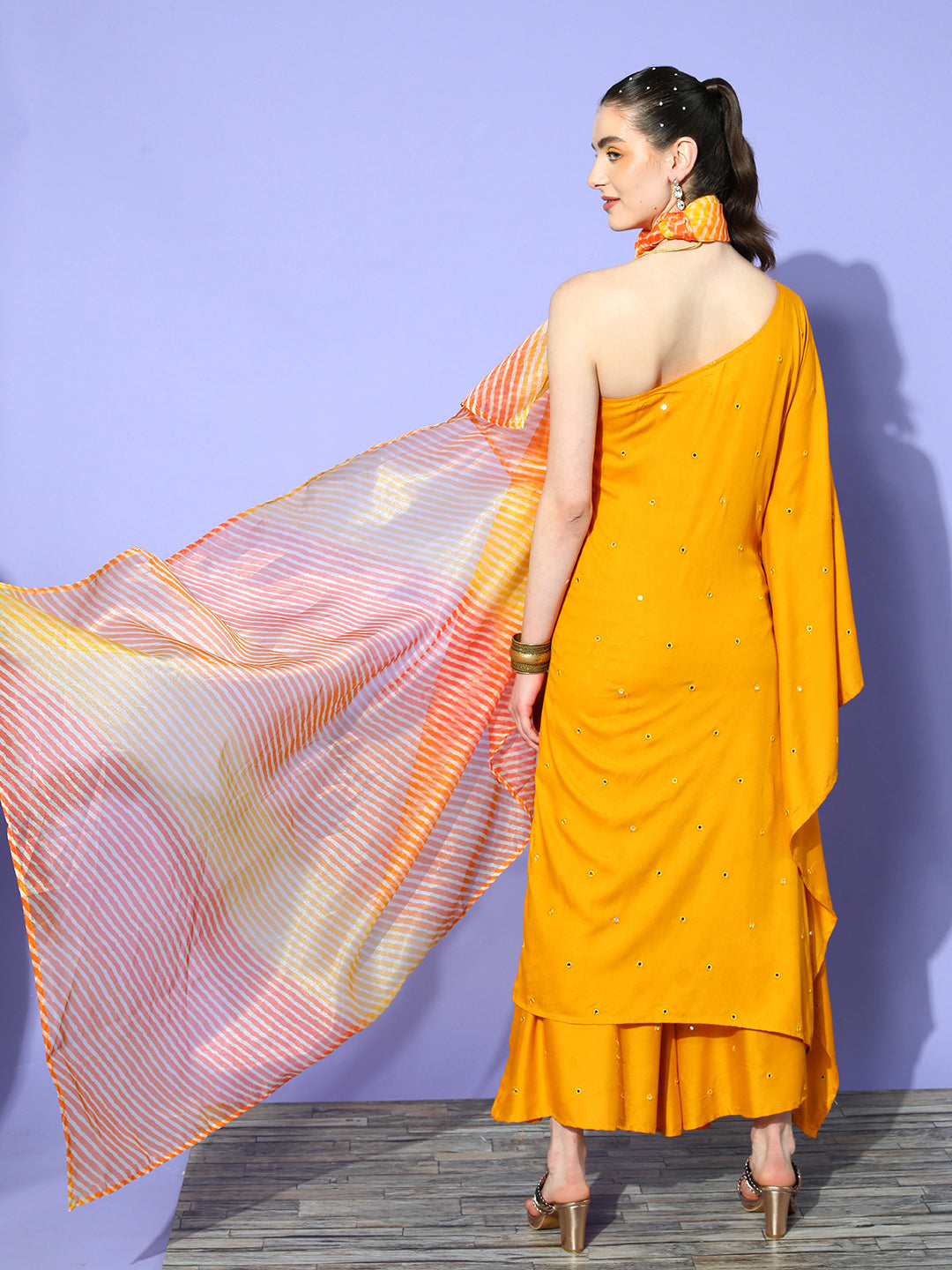 InWeave Women's Mustard Mirror Work One Shoulder Kurta Set With Dupatta - Swadesiicart