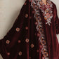 trueBrowns Maroon Velvet Floral Embroidered Kurta Pant Dupatta Set | Swadesiicart