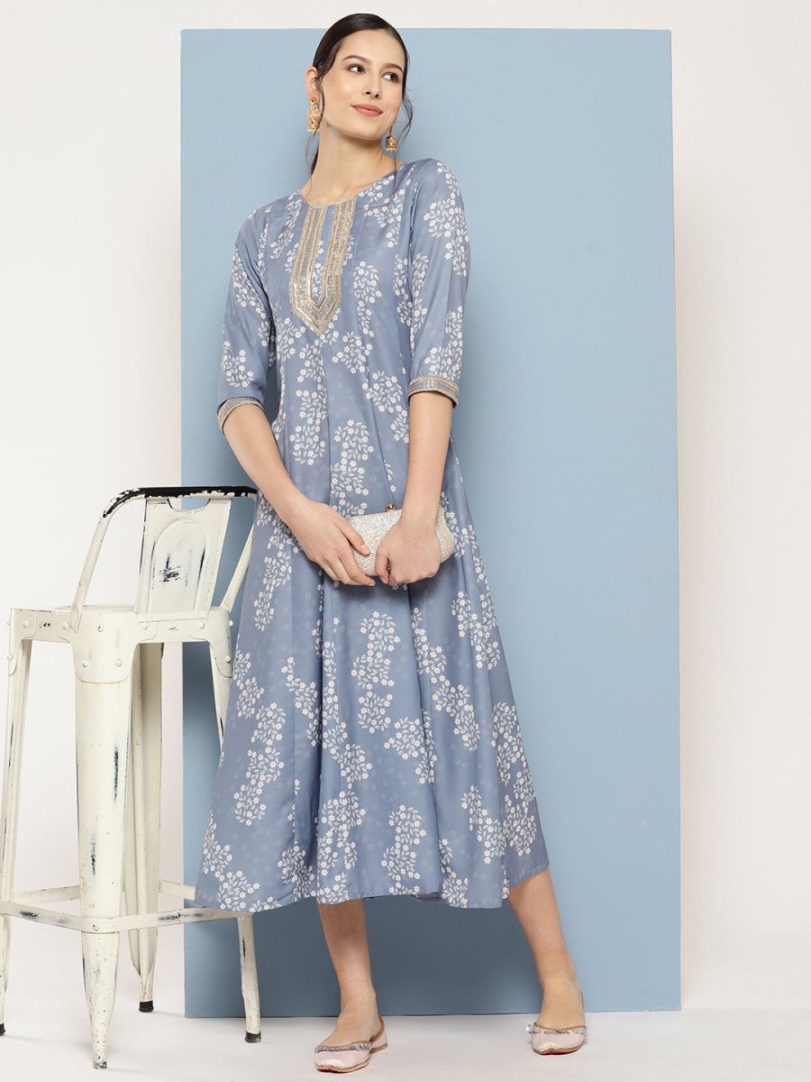 Ahalyaa Floral Printed Midi A-Line Ethnic Dress | Swadesiicart