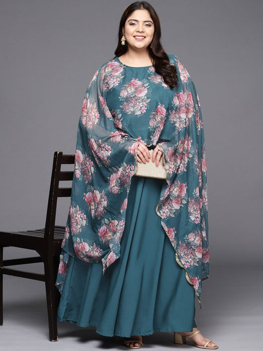 Ahalyaa Plus Size Boat Neck Maxi Ethnic Dress | Swadesiicart
