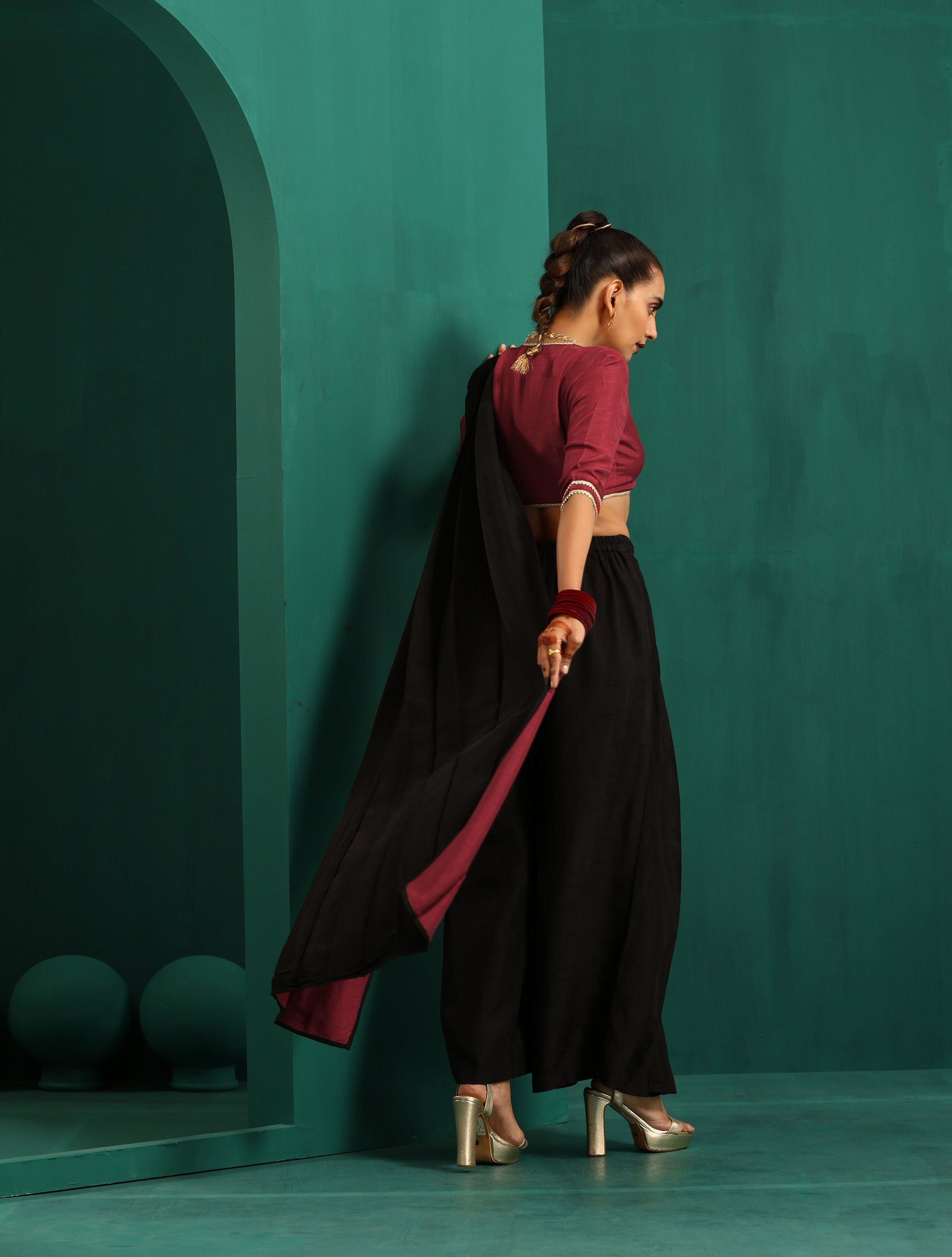 trueBrowns Black Silk Palazzo Stitched Saree | Swadesiicart