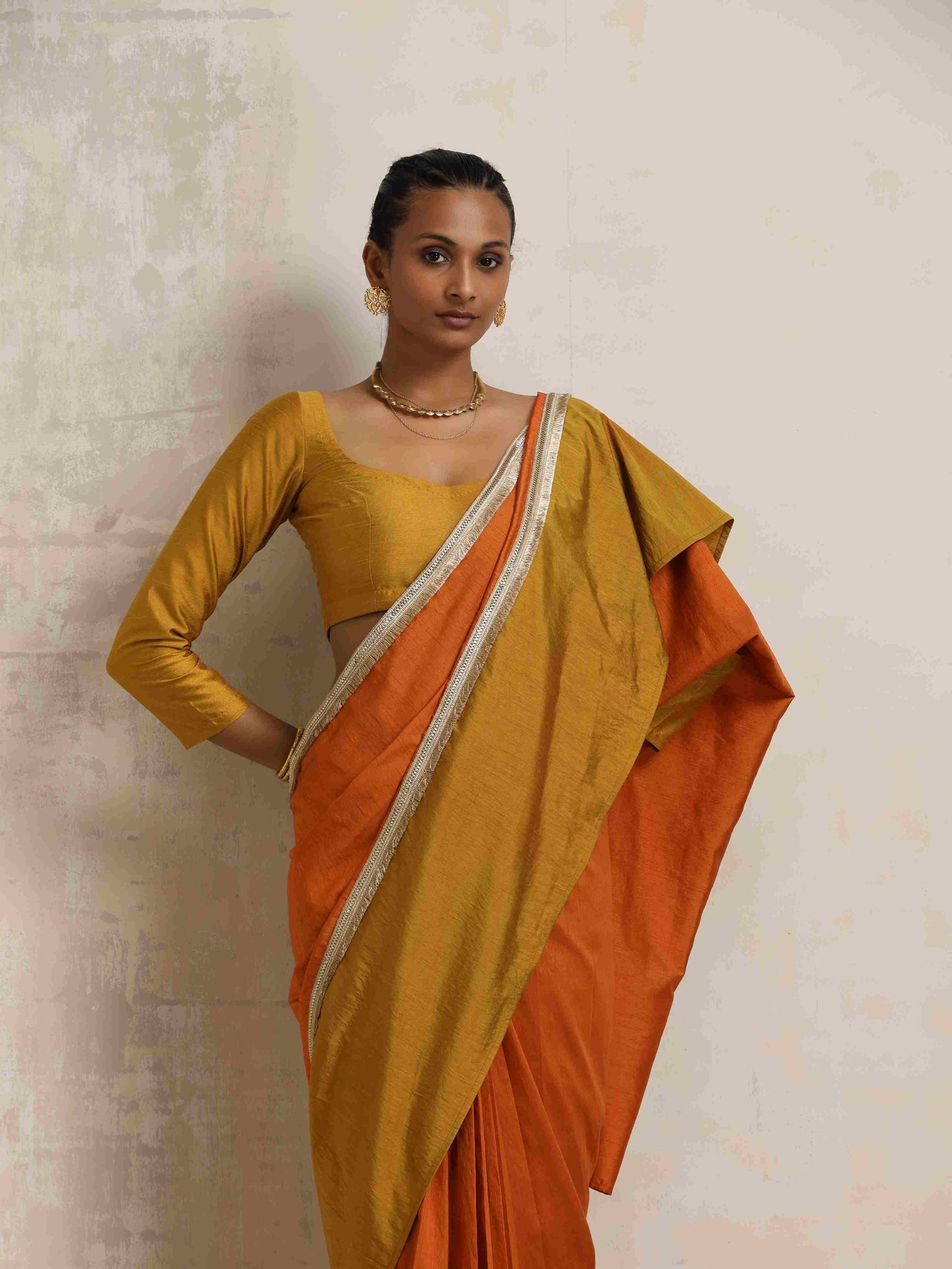 trueBrowns Orange Silk Ready To Wear Saree | Swadesiicart
