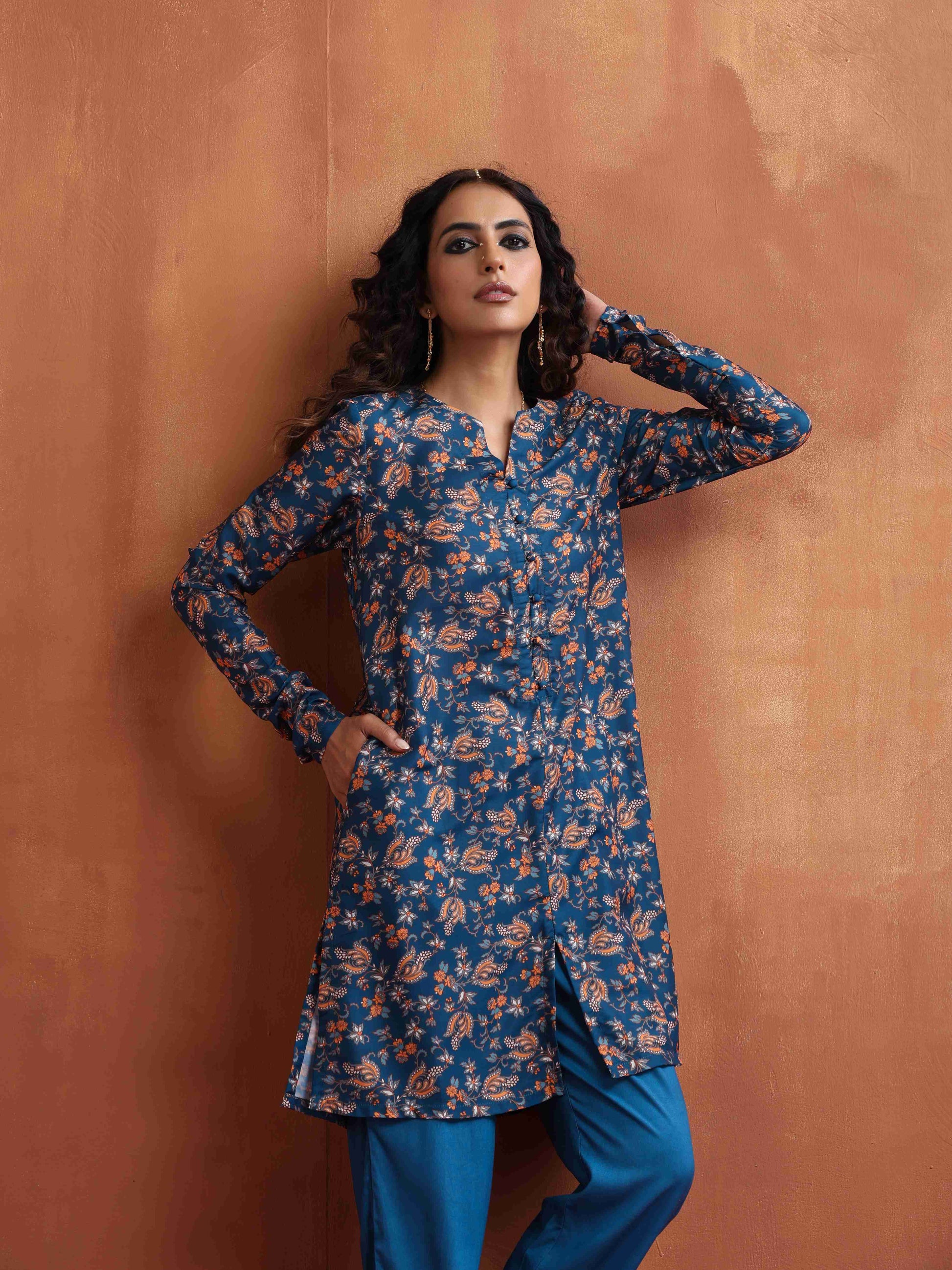 trueBrowns Blue Print Kurta Co-ord Set - Swadesiicart
