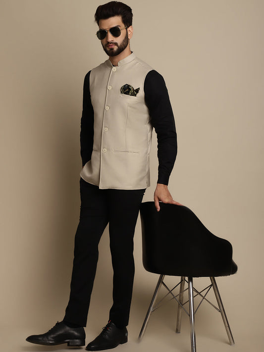 Even Apparels Men's Cream Mandarin Collar Waistcoat | Swadesiicart
